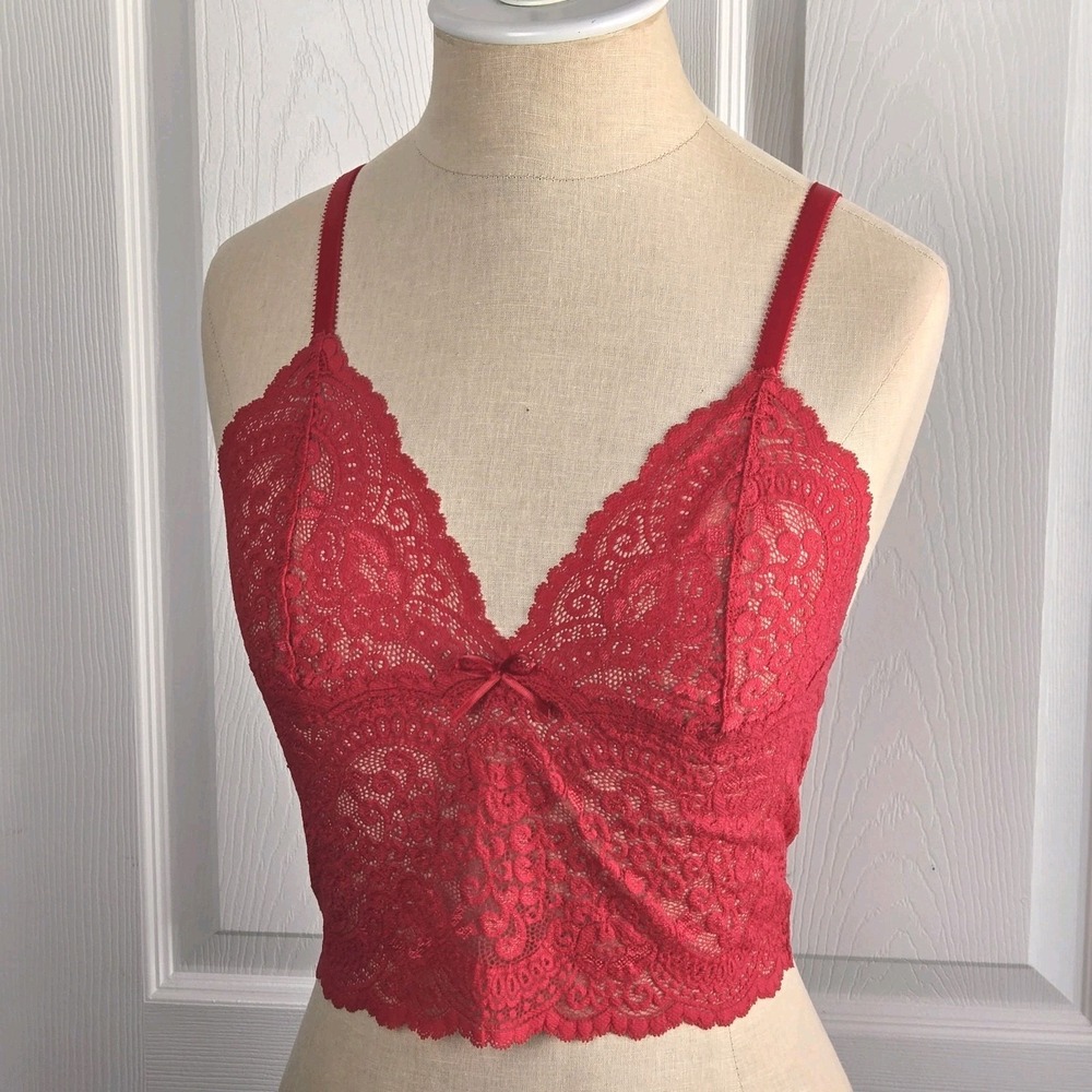 Victoria's Secret Vintage Red Long Lace Bralette Bra Size M Semi‎ Sheer
